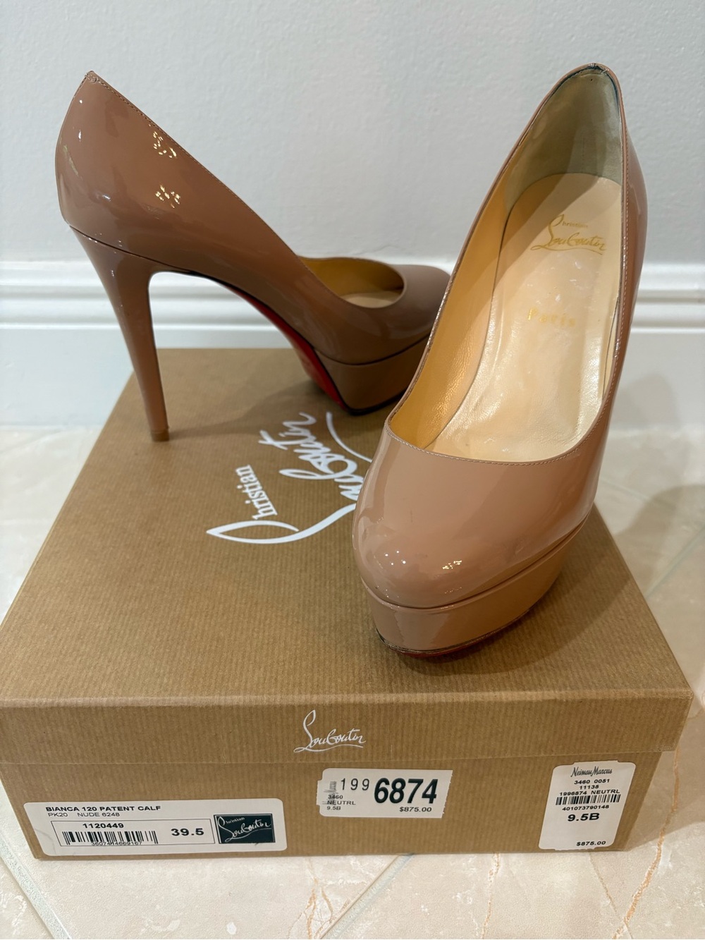 Authentic Christian Louboutin Bianca 120 Nude Patent Leather Platform Heels (9.5